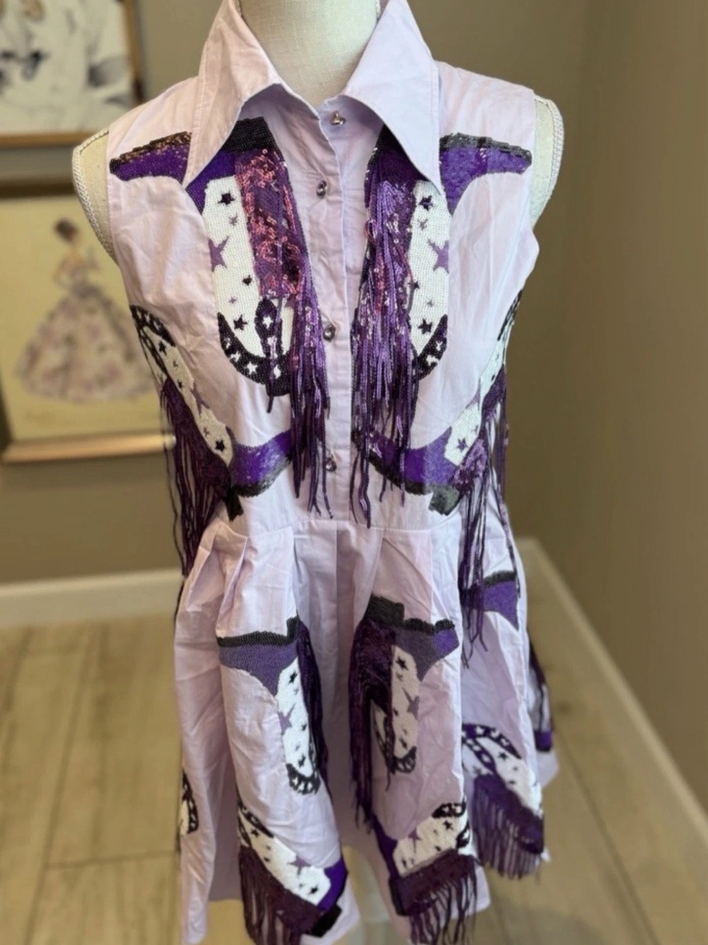Queen of Sparkles Sleeveless Lavender Fringe Dress with Purple Cowboy Print